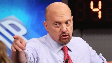 Jim Cramer poses for a picture while talking in television